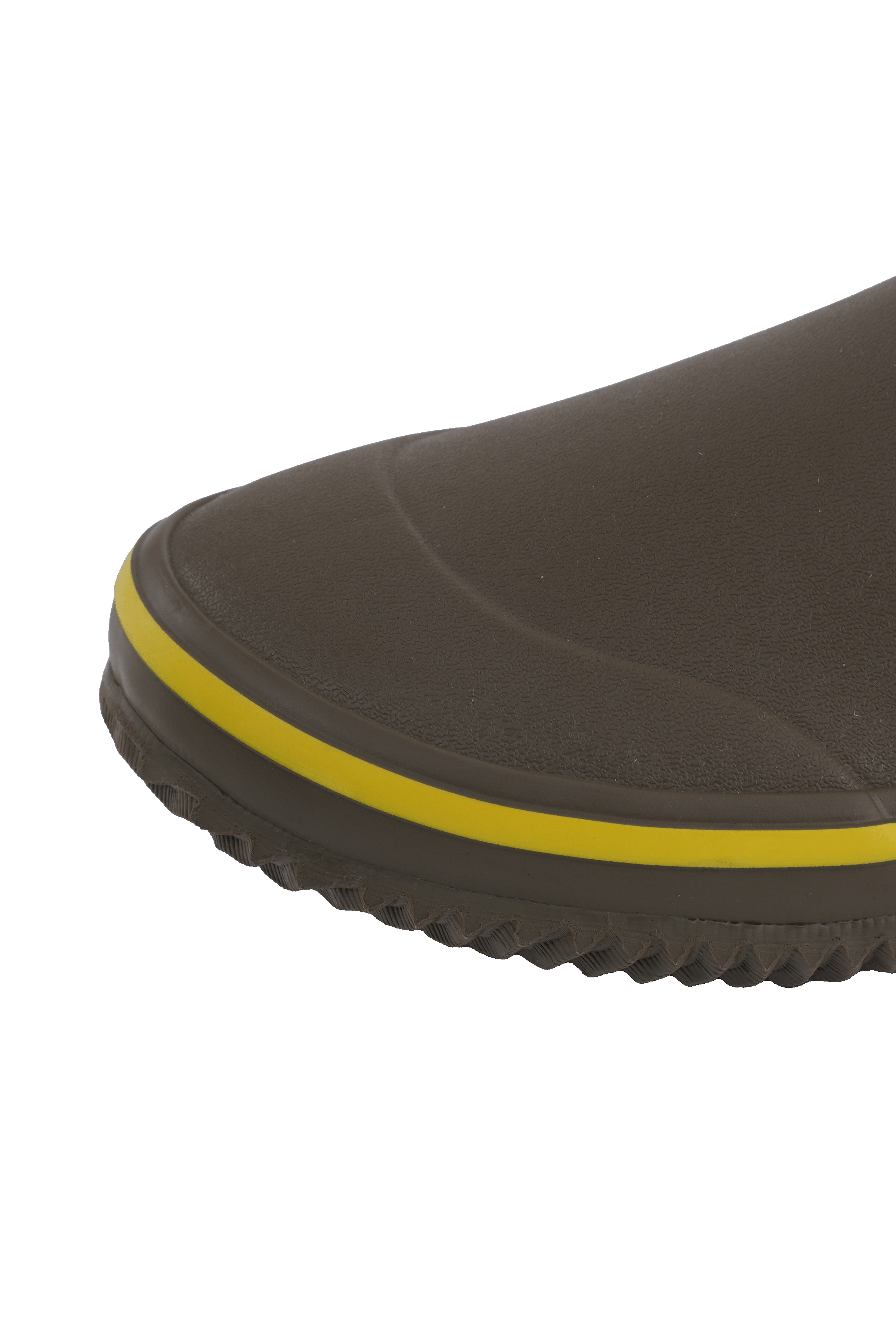 alt="Close-up of the toe area on Trudave GreenStep Series waterproof slip-on garden shoes in brown color, highlighting the reinforced rubber shell, smooth waterproof surface, and durable design ideal for gardening, yard chores, and outdoor activities"